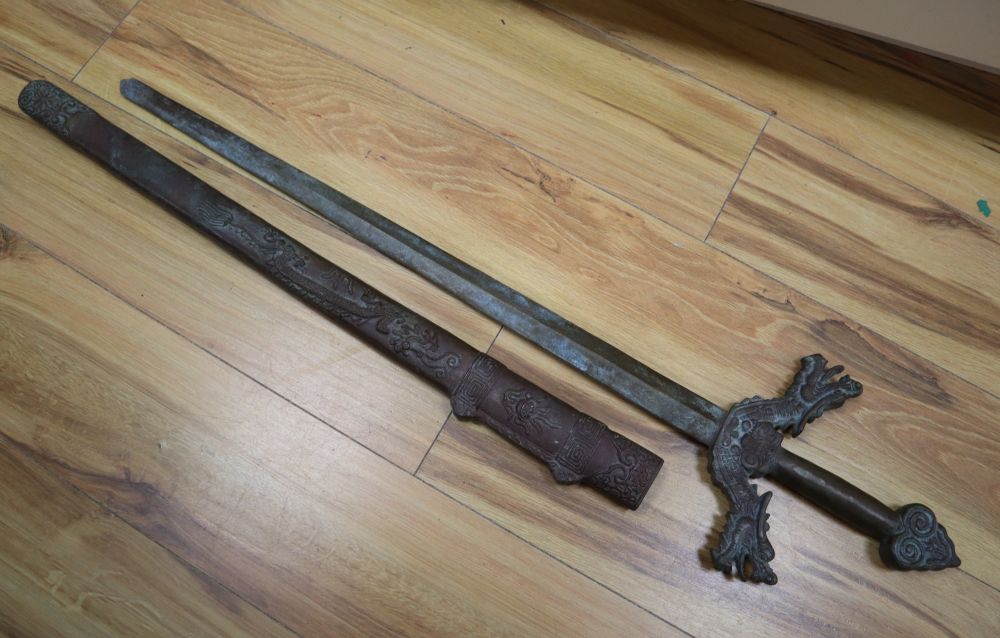 A Chinese bronze model of a sword, length 93cm